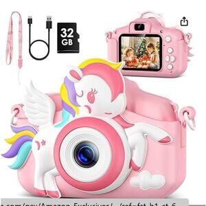 Kids Camera 1080P HD Video Camera with 32GB Card -Unicorn Pink
